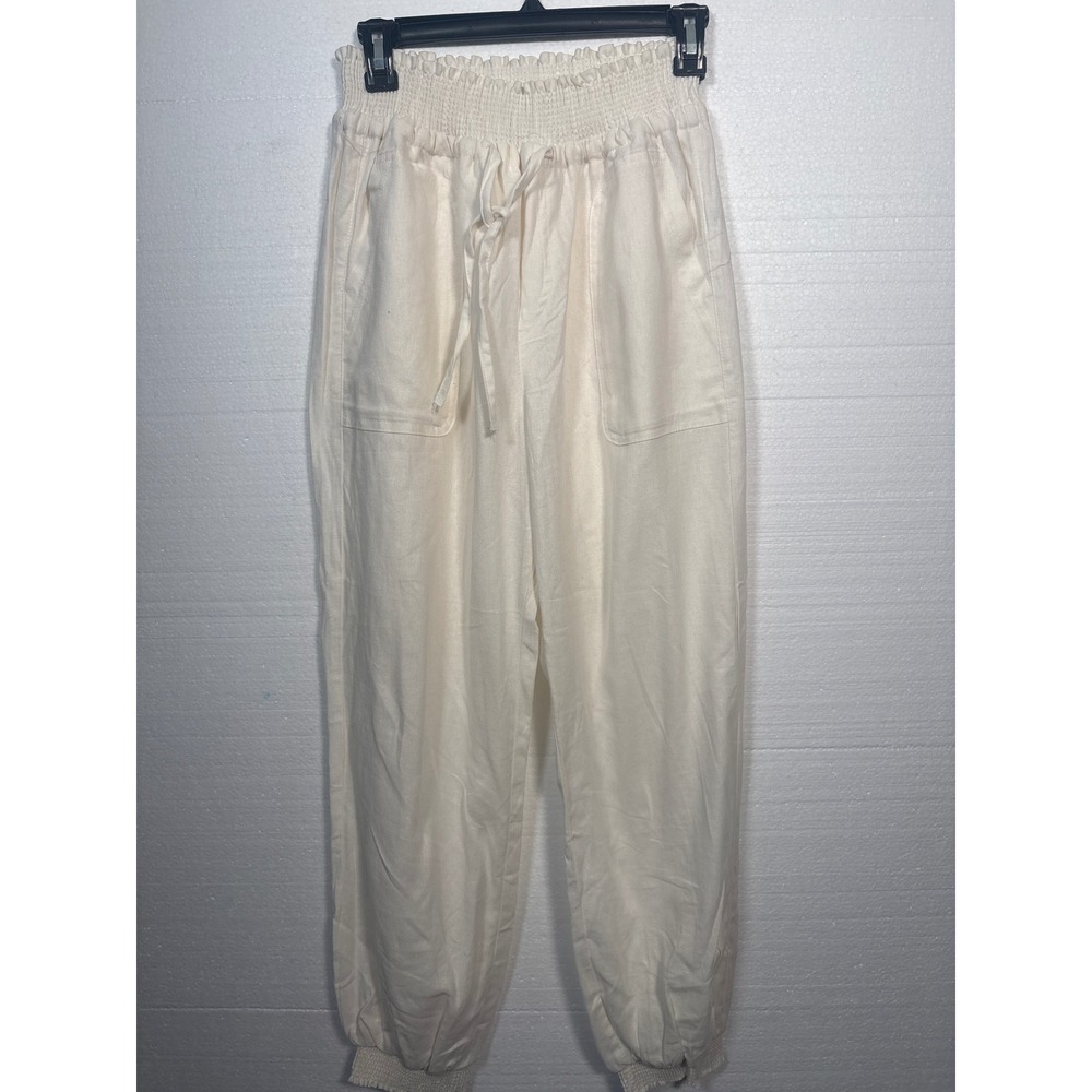 Love Tree Linen Blend Smocked Waist Jogger Pants Cream Large
